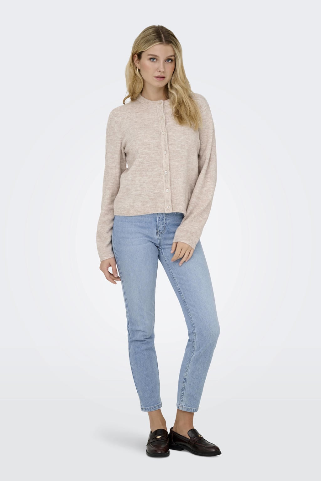 Beige dames ONLY vest gebreid van acryl met dip-dye effect, lange mouwen, ronde hals en knoopsluiting