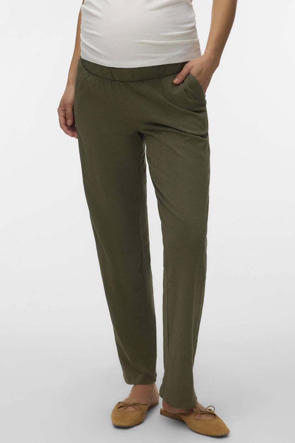 Groene dames MAMALICIOUS regular waist zwangerschaps casual broek van katoen met loose fit, elastische tailleband en effen
