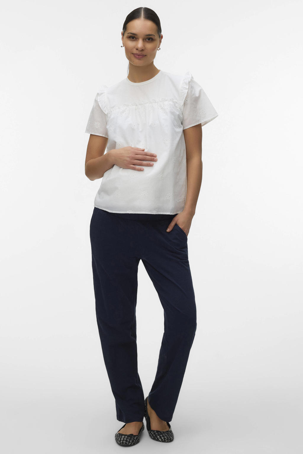 Donkerblauwe dames MAMALICIOUS regular waist zwangerschaps casual broek van katoen met loose fit, elastische tailleband en effen