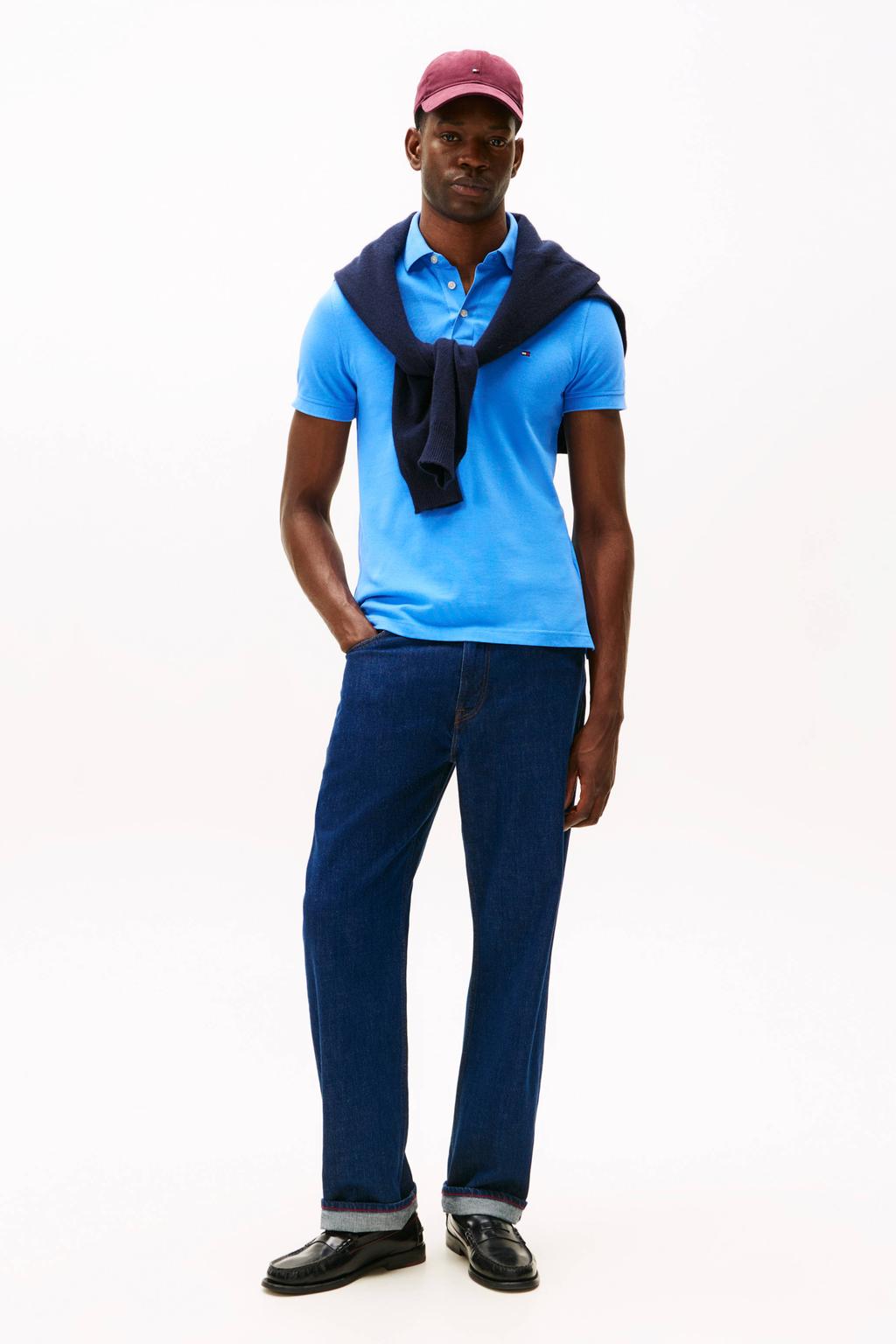 Blauwe heren Tommy Hilfiger slim polo van katoen met effen, korte mouwen en pique