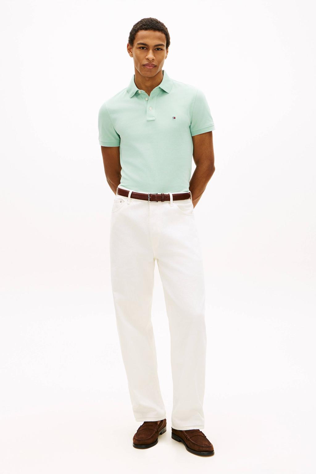 Turquoise heren Tommy Hilfiger slim polo van katoen met effen, korte mouwen en pique