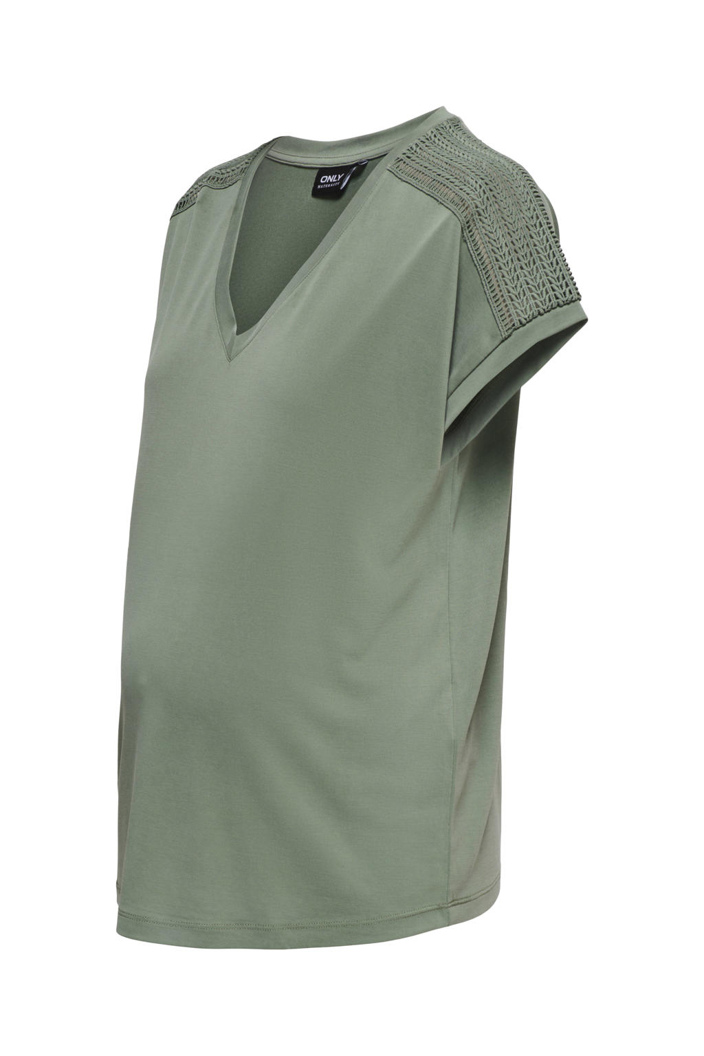 Groene dames ONLY MATERNITY zwangerschaps T-shirt van modal met effen, korte mouwen, V-hals en schouderdetail