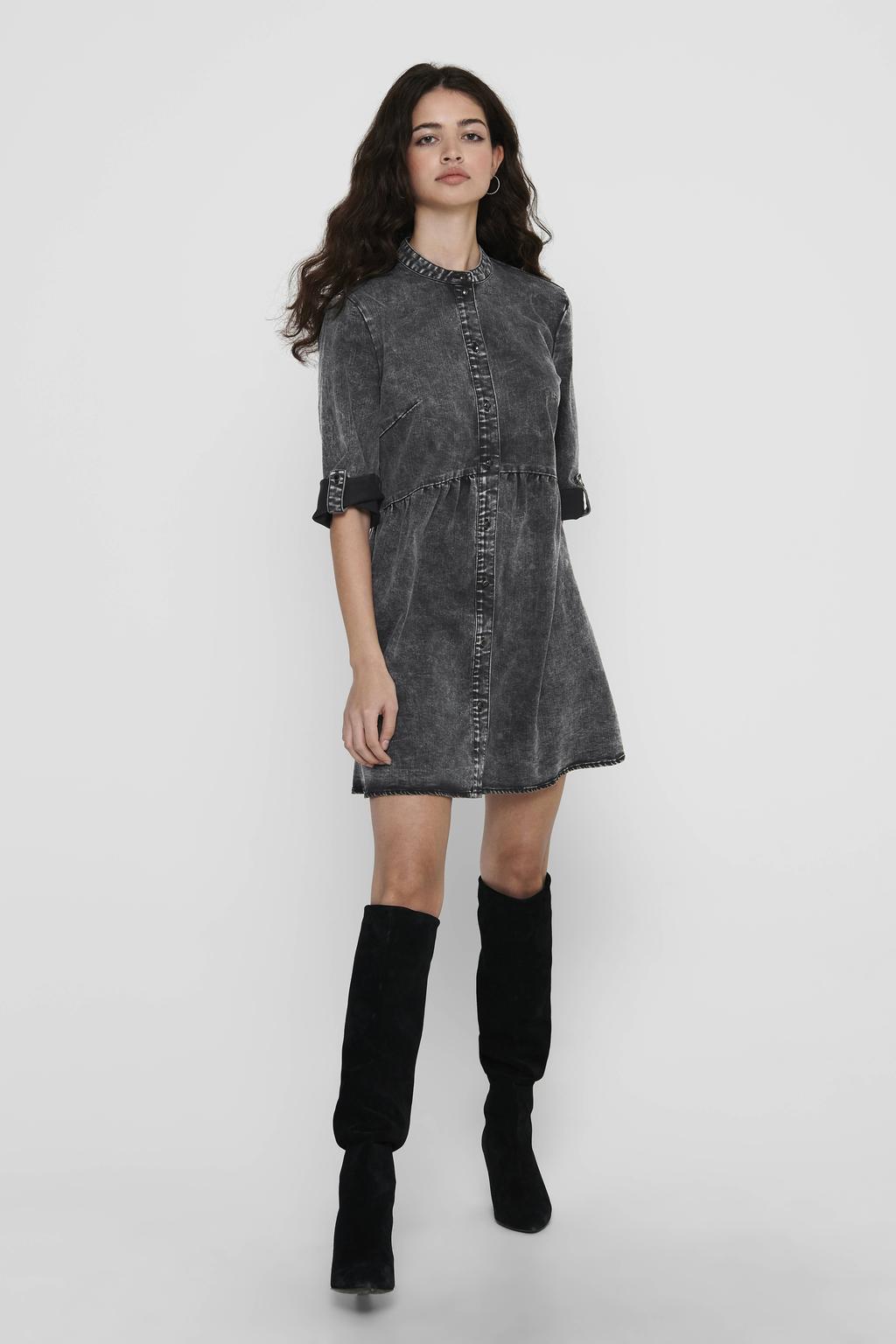 Grey denim dames ONLY spijkerjurk van katoen met effen, half lange mouwen, ronde hals en knoopsluiting