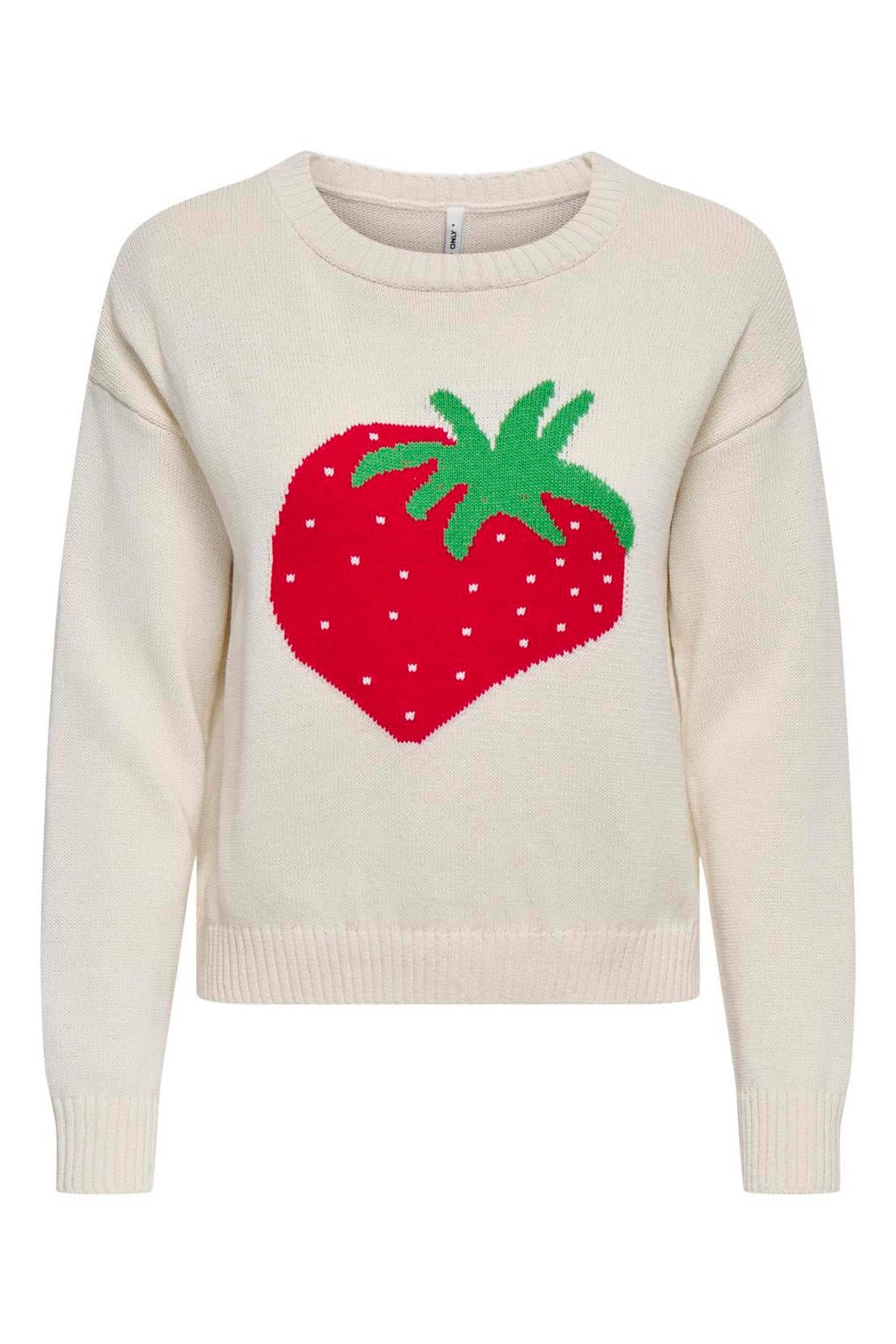 Ecru en rode dames ONLY gebreide trui van polyester met lange mouwen, ronde hals en jacquard