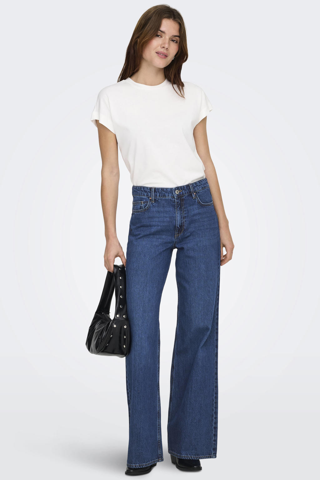 Dark blue denim dames ONLY high waist wide leg jeans dark blue van denim met rits- en knoopsluiting en effen