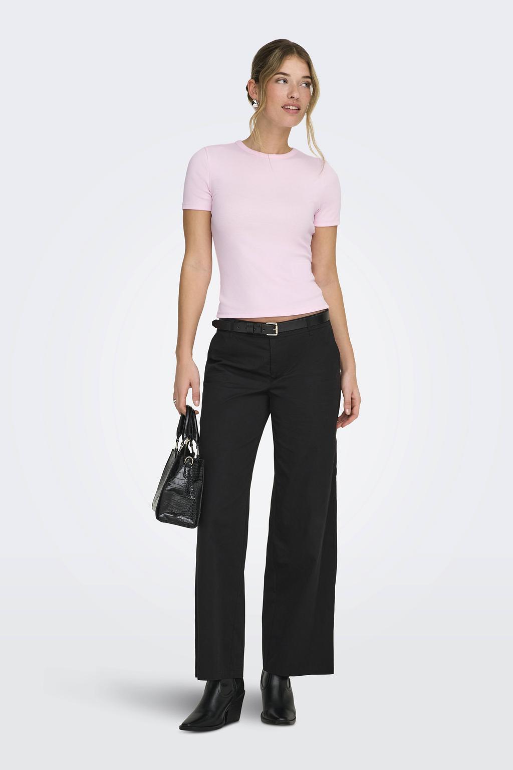 Lichtroze dames ONLY T-shirt van polyester met effen, korte mouwen en ronde hals
