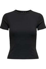 thumbnail: Zwarte dames ONLY T-shirt van polyester met effen, korte mouwen en ronde hals