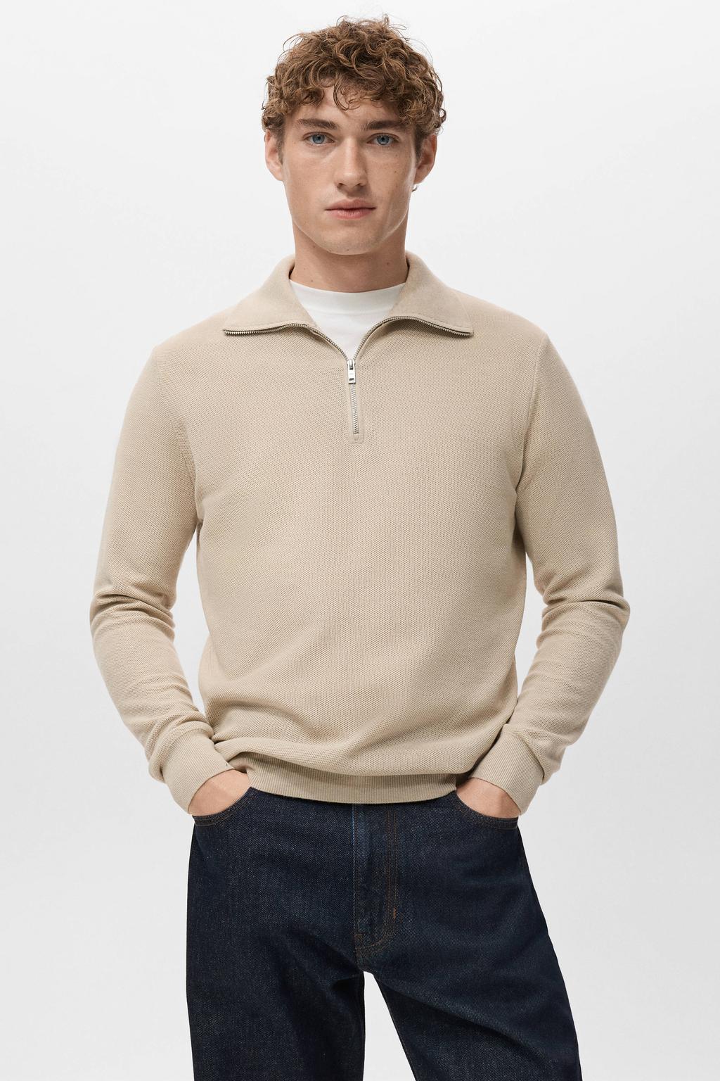 Beige heren Mango Man trui fijn gebreid van polyester met effen, lange mouwen en halve rits