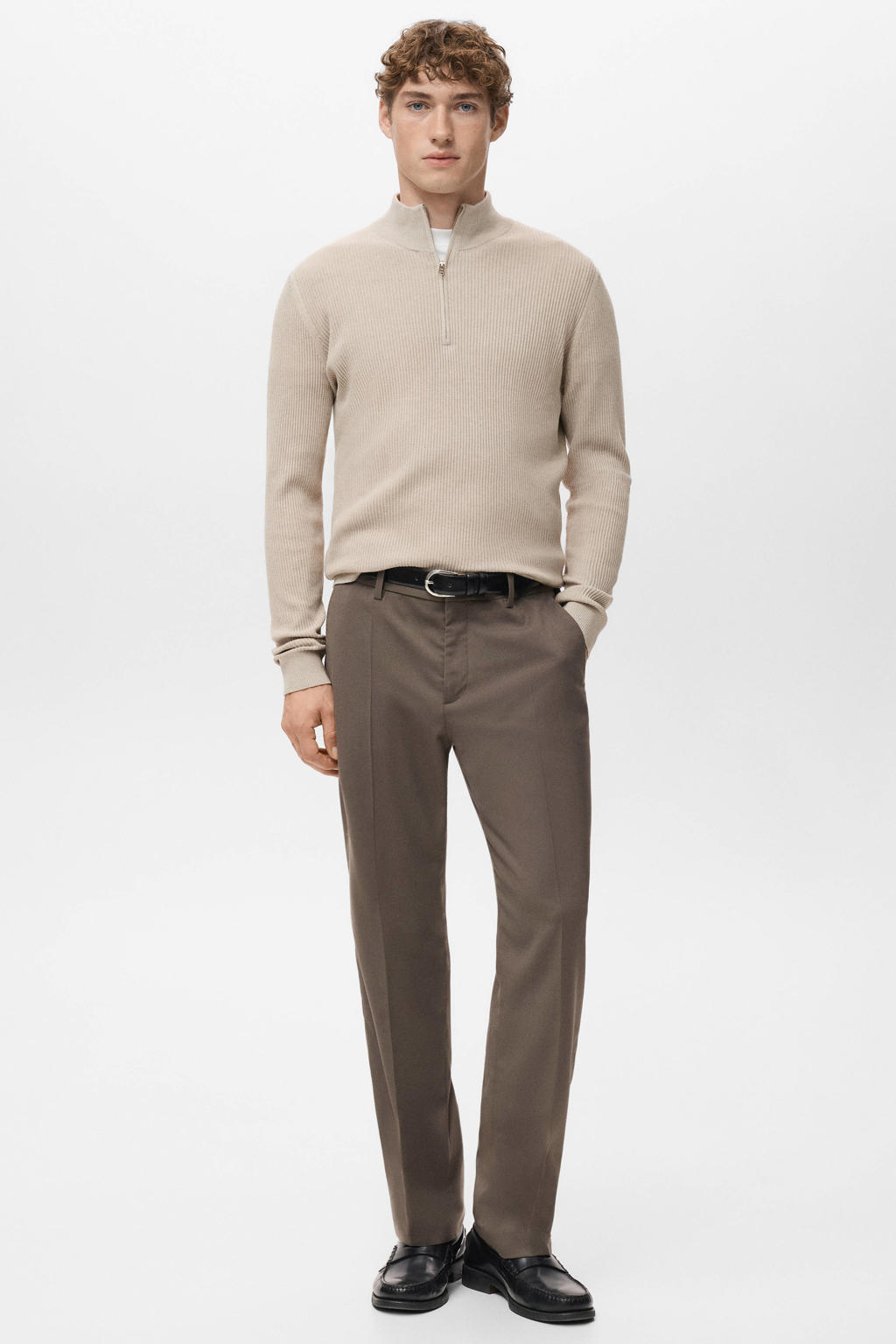 Beige heren Mango Man trui rib gebreid van polyester met effen en lange mouwen