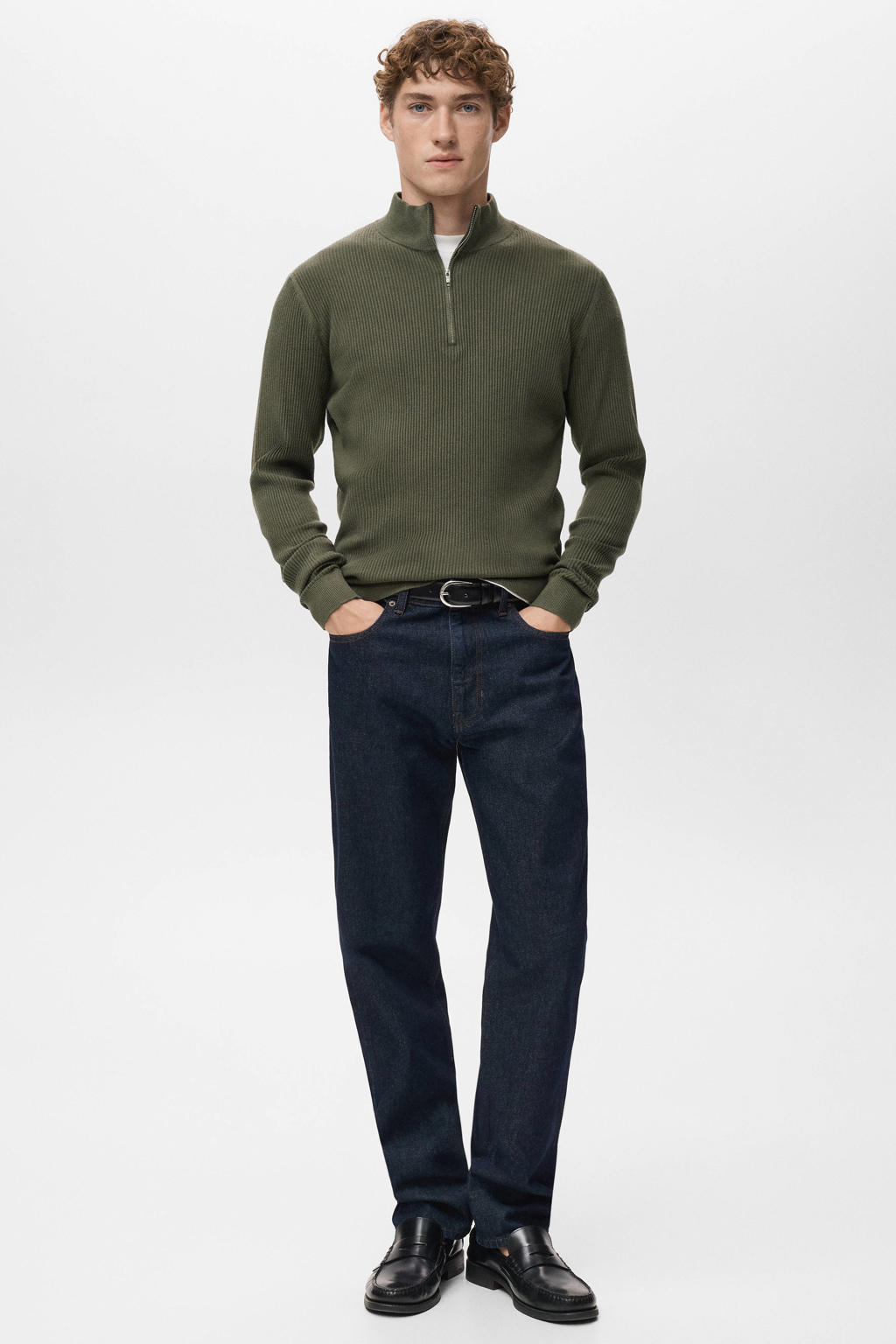 Donkergroene heren Mango Man trui rib gebreid van polyester met effen en lange mouwen