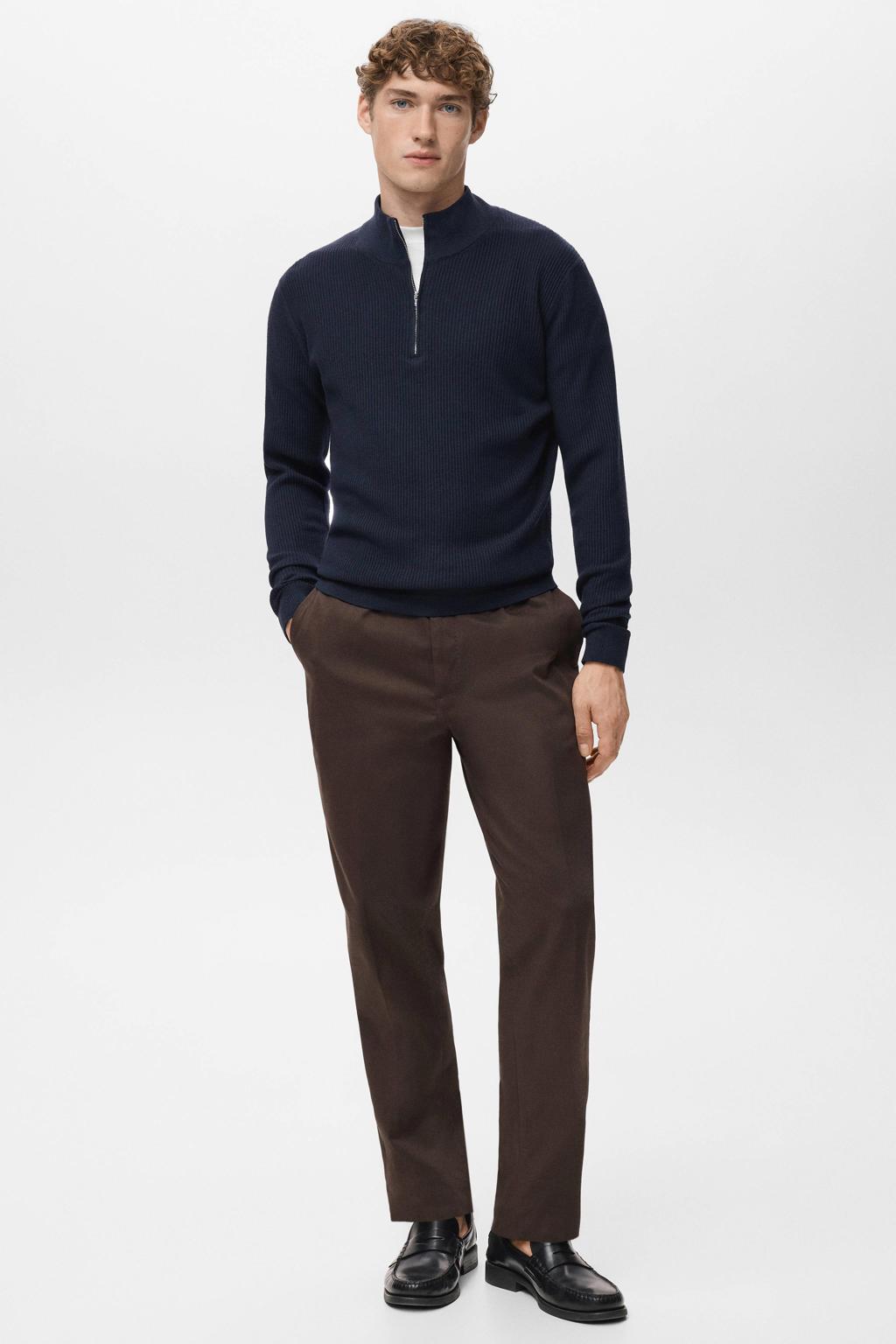 Donkerblauwe heren Mango Man trui rib gebreid van polyester met effen en lange mouwen