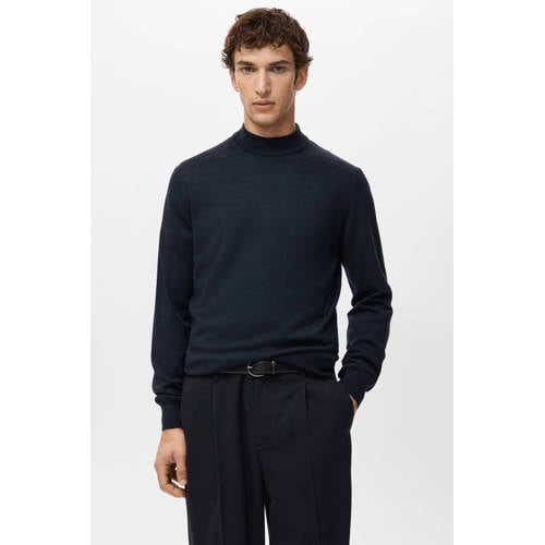 Mango Man trui met wol fijn gebreid donkerblauw afbeelding