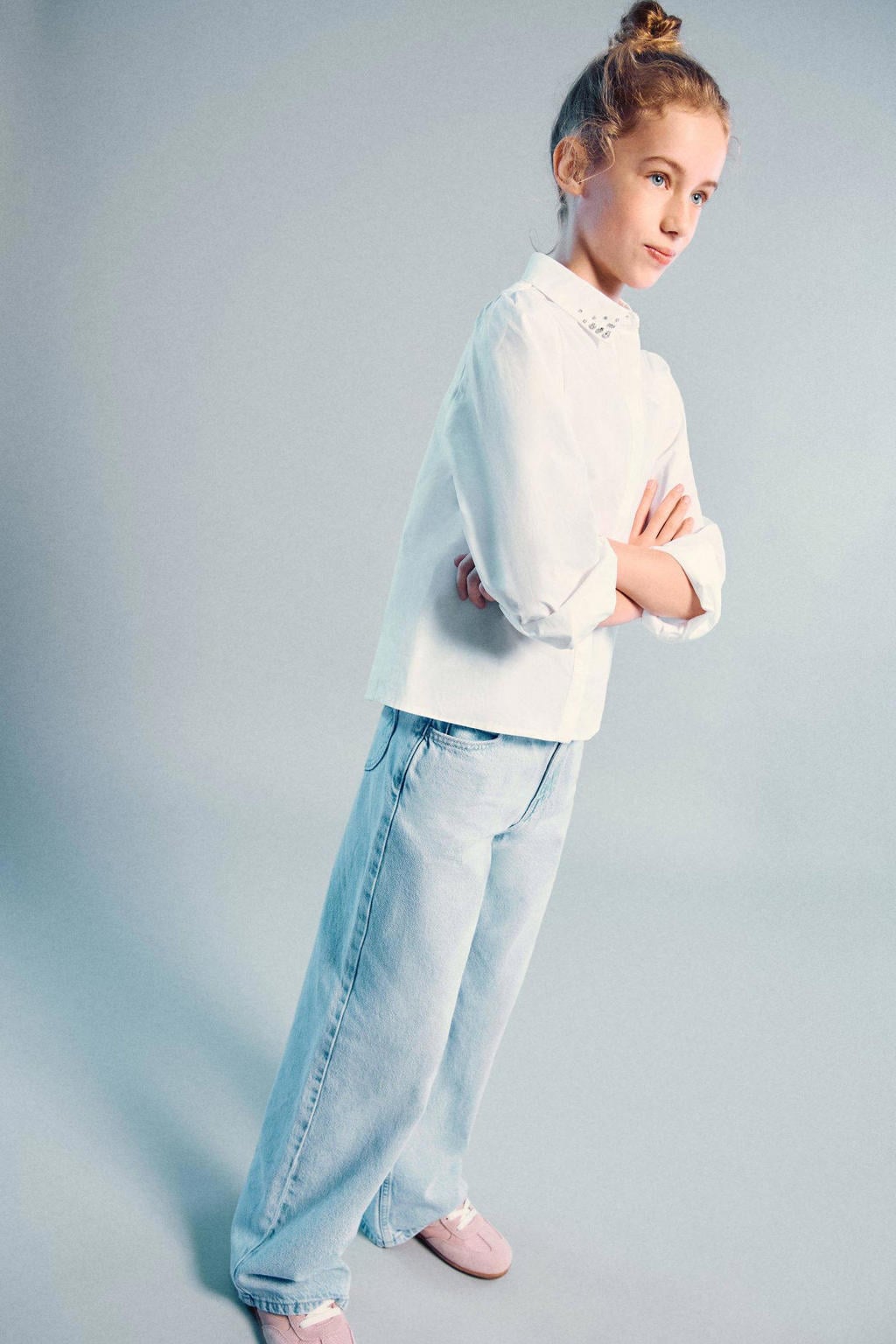Light blue denim meisjes Mango Kids wide leg jeans van denim met rits- en knoopsluiting en effen