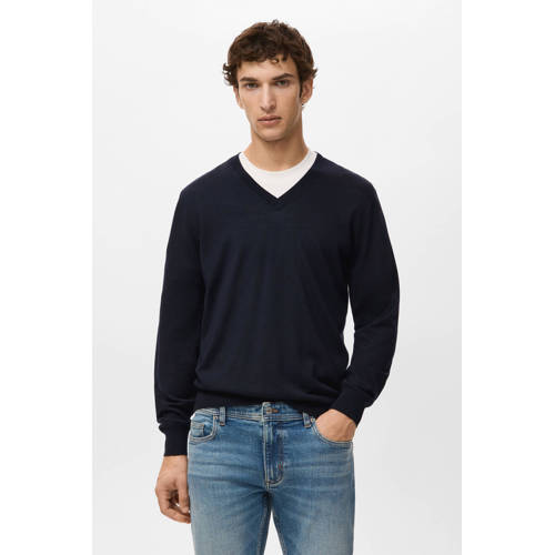 Mango Man trui met wol fijn gebreid donkerblauw afbeelding