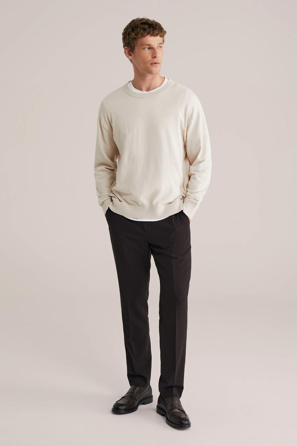 Ecru heren WE Fashion sweater met effen, lange mouwen, ronde hals en geribde boorden