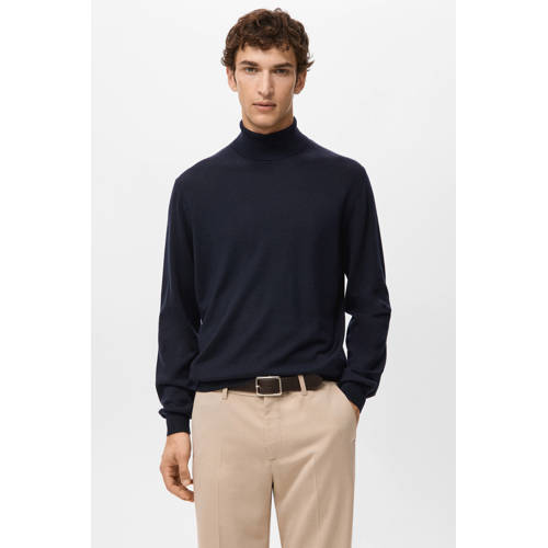 Mango Man trui met wol fijn gebreid donkerblauw afbeelding