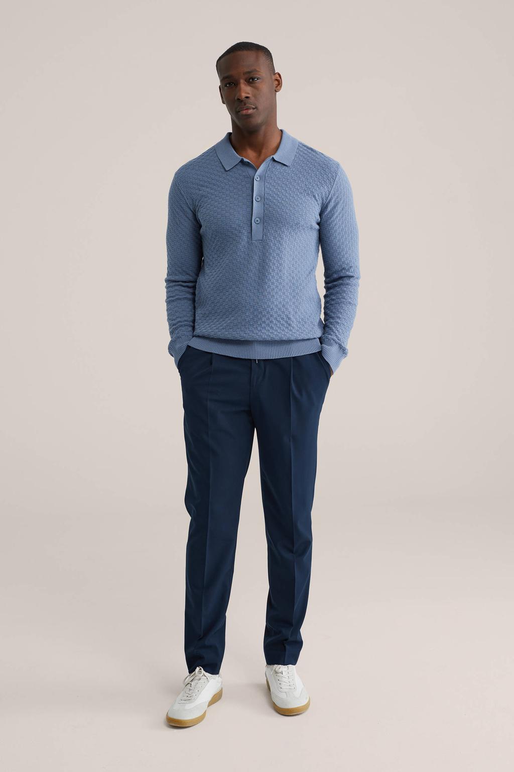 Blauwe heren WE Fashion trui gebreid van katoen met effen, lange mouwen, polo kraag en knoopsluiting