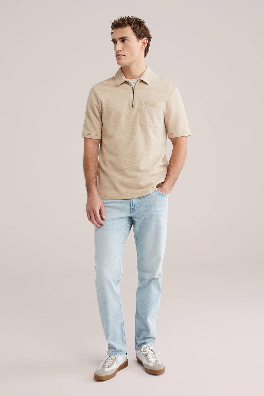Beige heren WE Fashion regular polo gebreid van katoen met effen, korte mouwen en halve rits