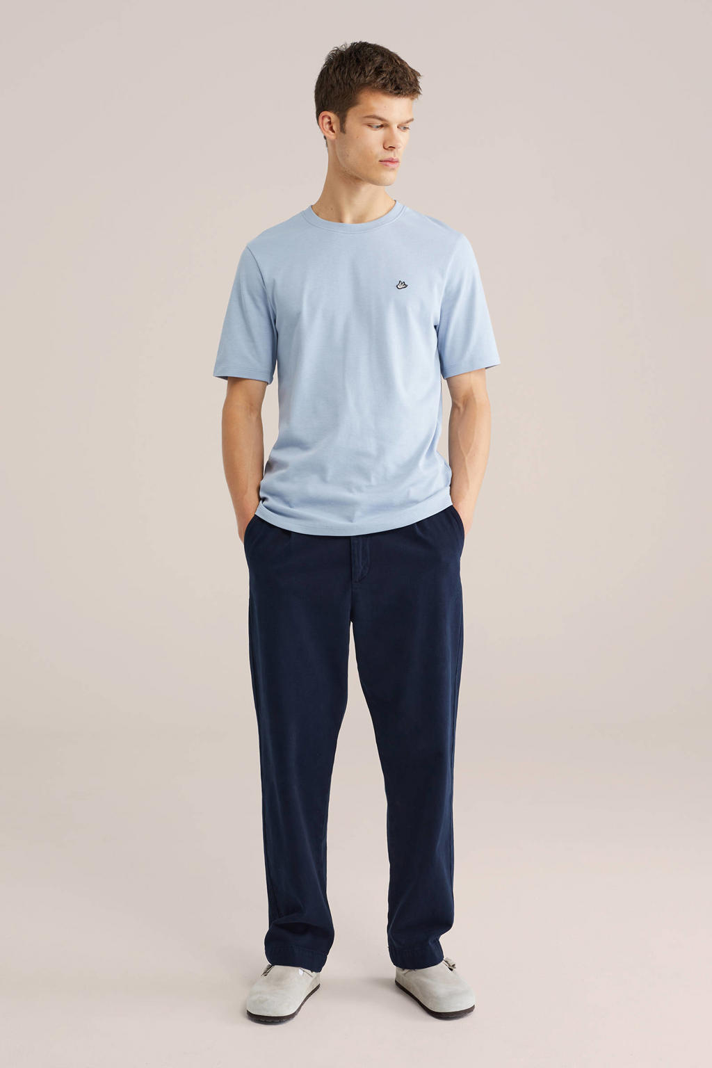 Lichtblauwe heren WE Fashion regular T-shirt van katoen met effen, korte mouwen en ronde hals