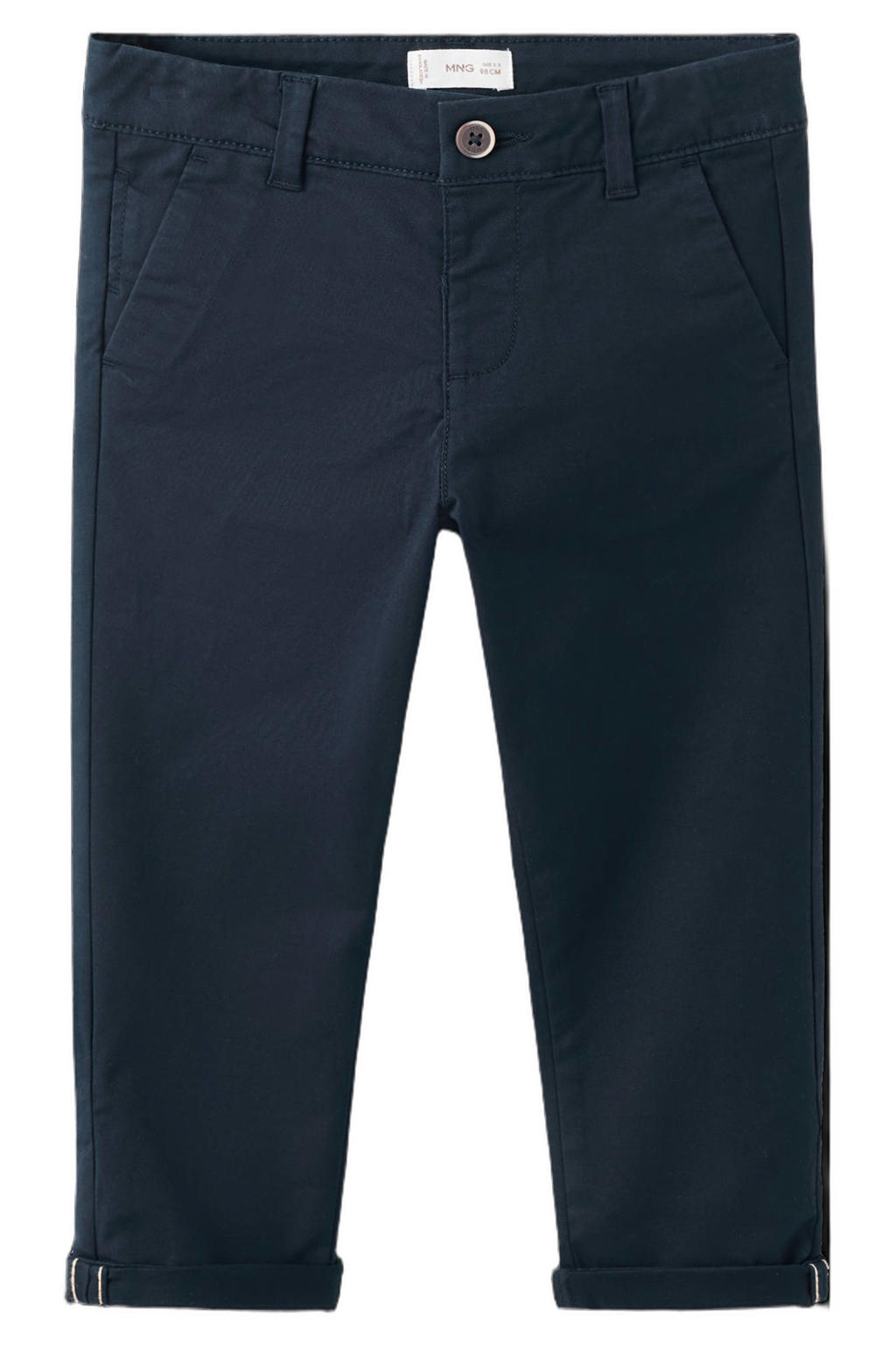 Donkerblauwe jongens Mango Kids chino van katoen met rits- en knoopsluiting en effen
