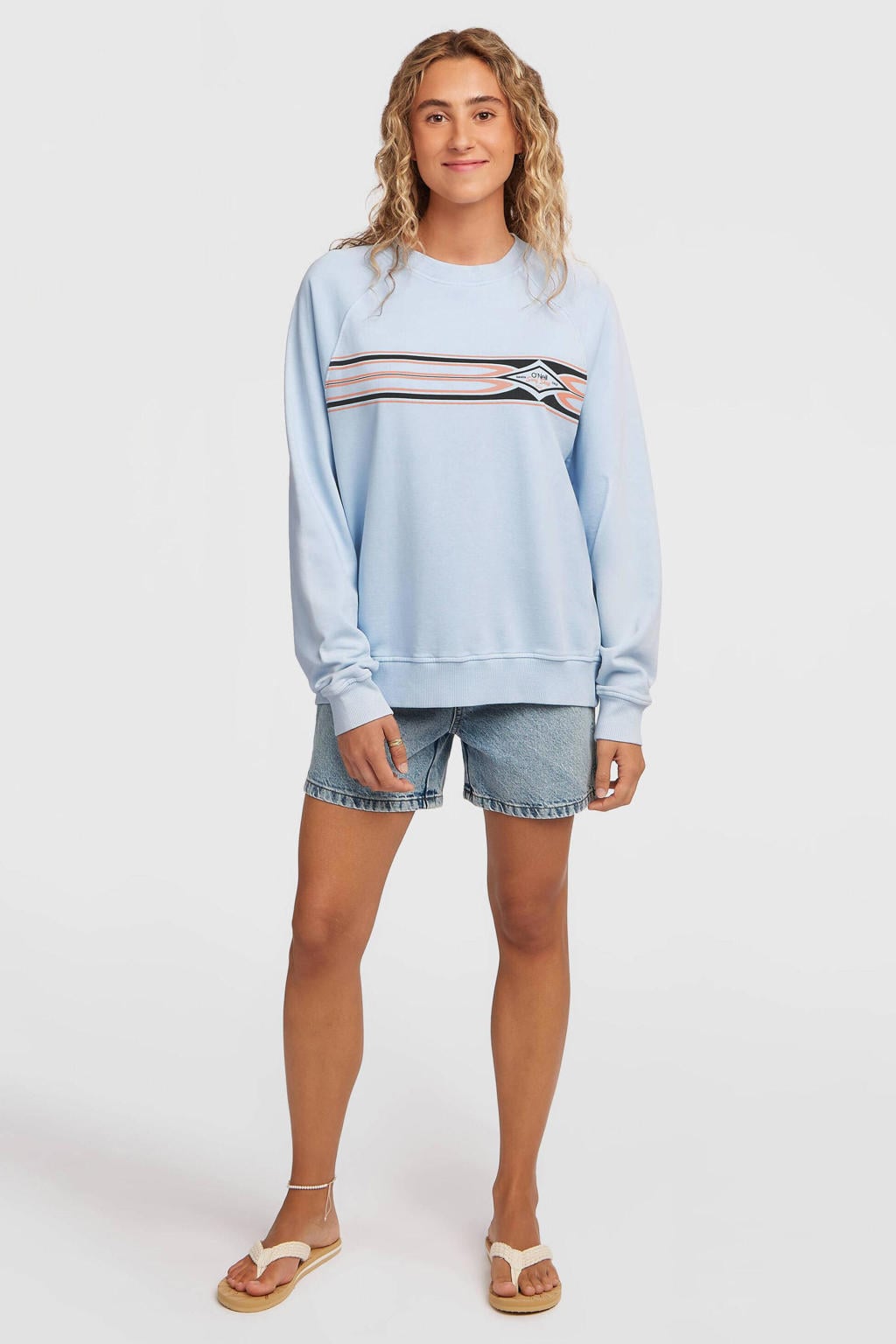 Lichtblauwe dames O'Neill sweater van katoen met effen, lange mouwen en ronde hals