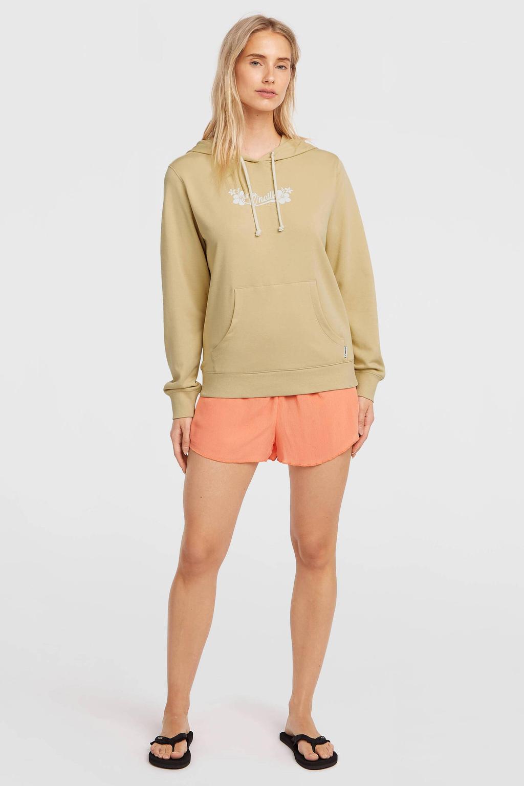 Zandkleurige dames O'Neill hoodie van katoen met effen, lange mouwen, ronde hals en draaisluiting