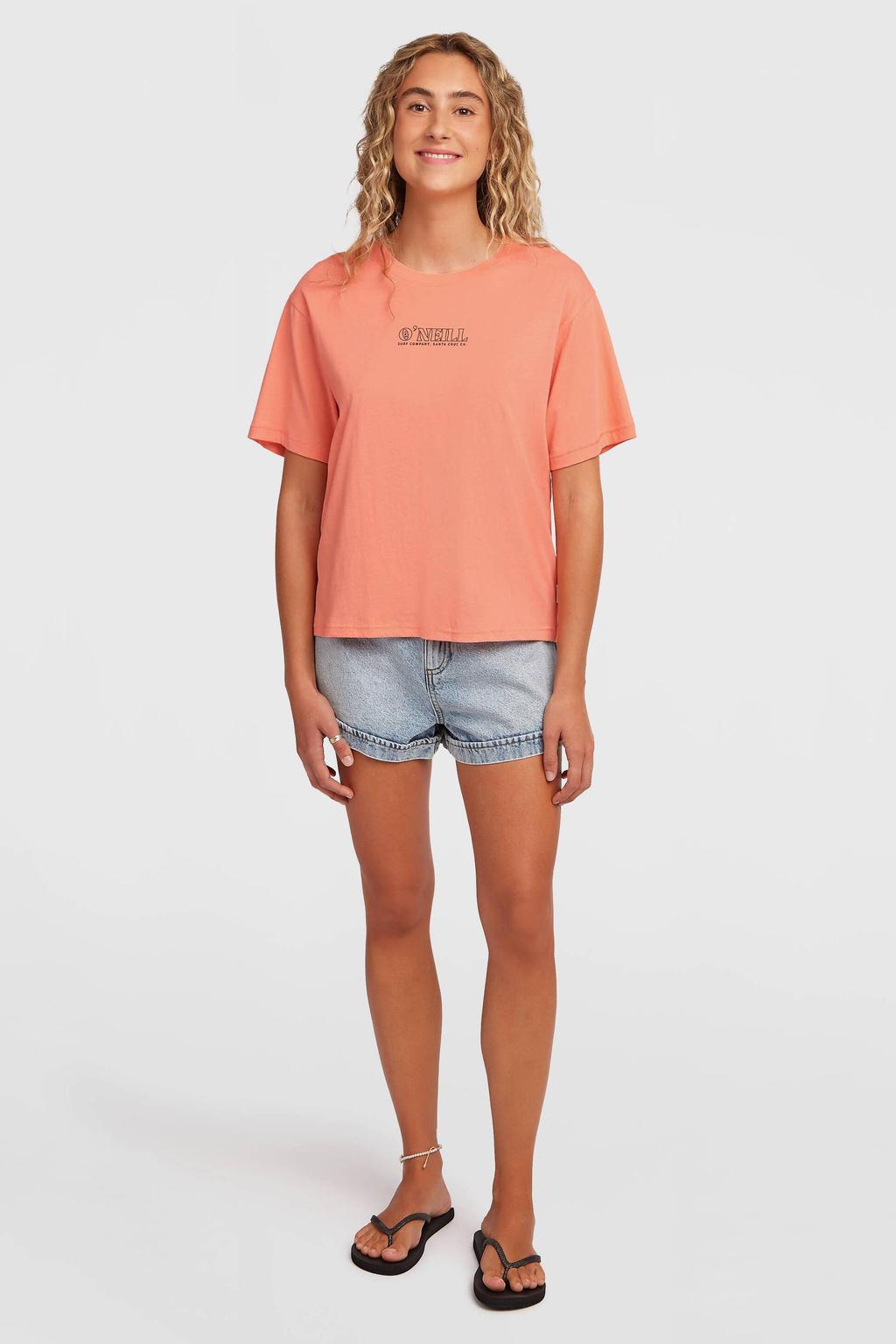 Oranje dames O'Neill T-shirt van katoen met backprint, korte mouwen en ronde hals