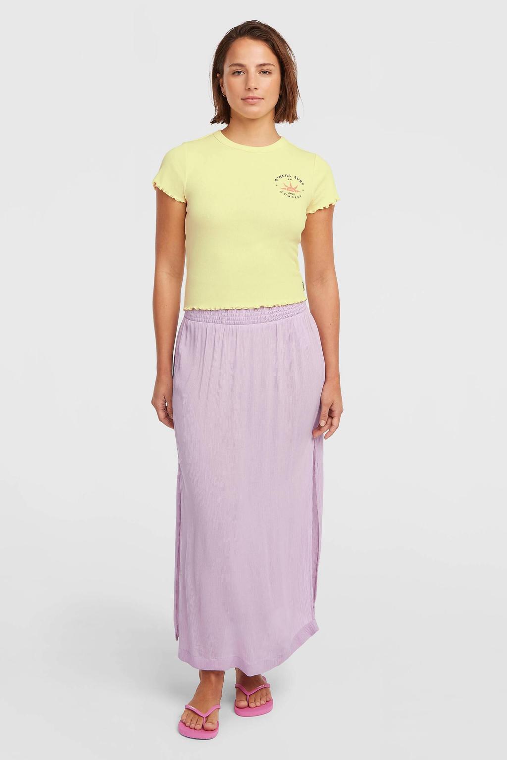 Gele dames O'Neill T-shirt rib gebreid van katoen met effen, korte mouwen en ronde hals