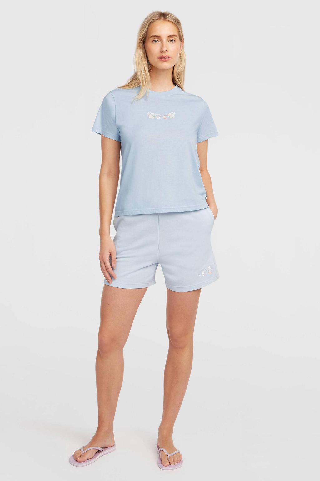 Lichtblauwe dames O'Neill T-shirt van katoen met effen, korte mouwen en ronde hals
