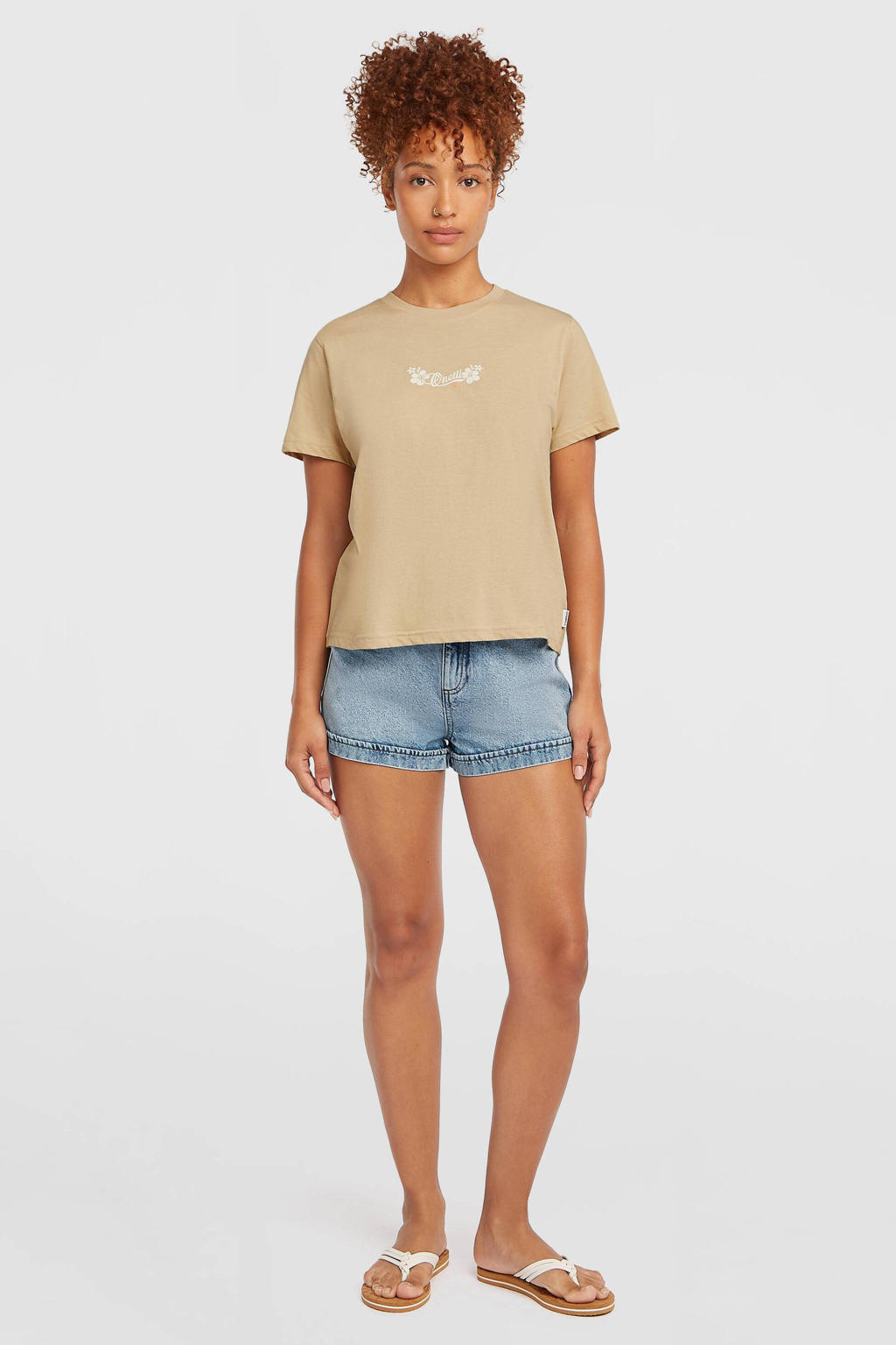 Beige dames O'Neill T-shirt van katoen met effen, korte mouwen en ronde hals
