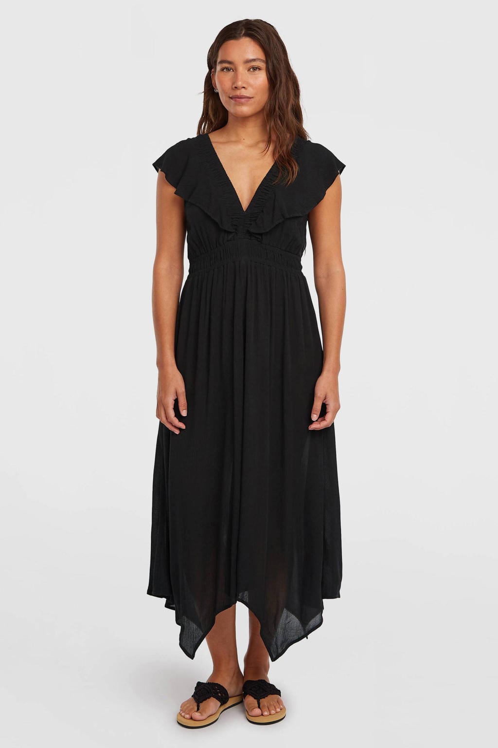 Zwarte dames O'Neill midi jurk van viscose met effen, V-hals en plooien