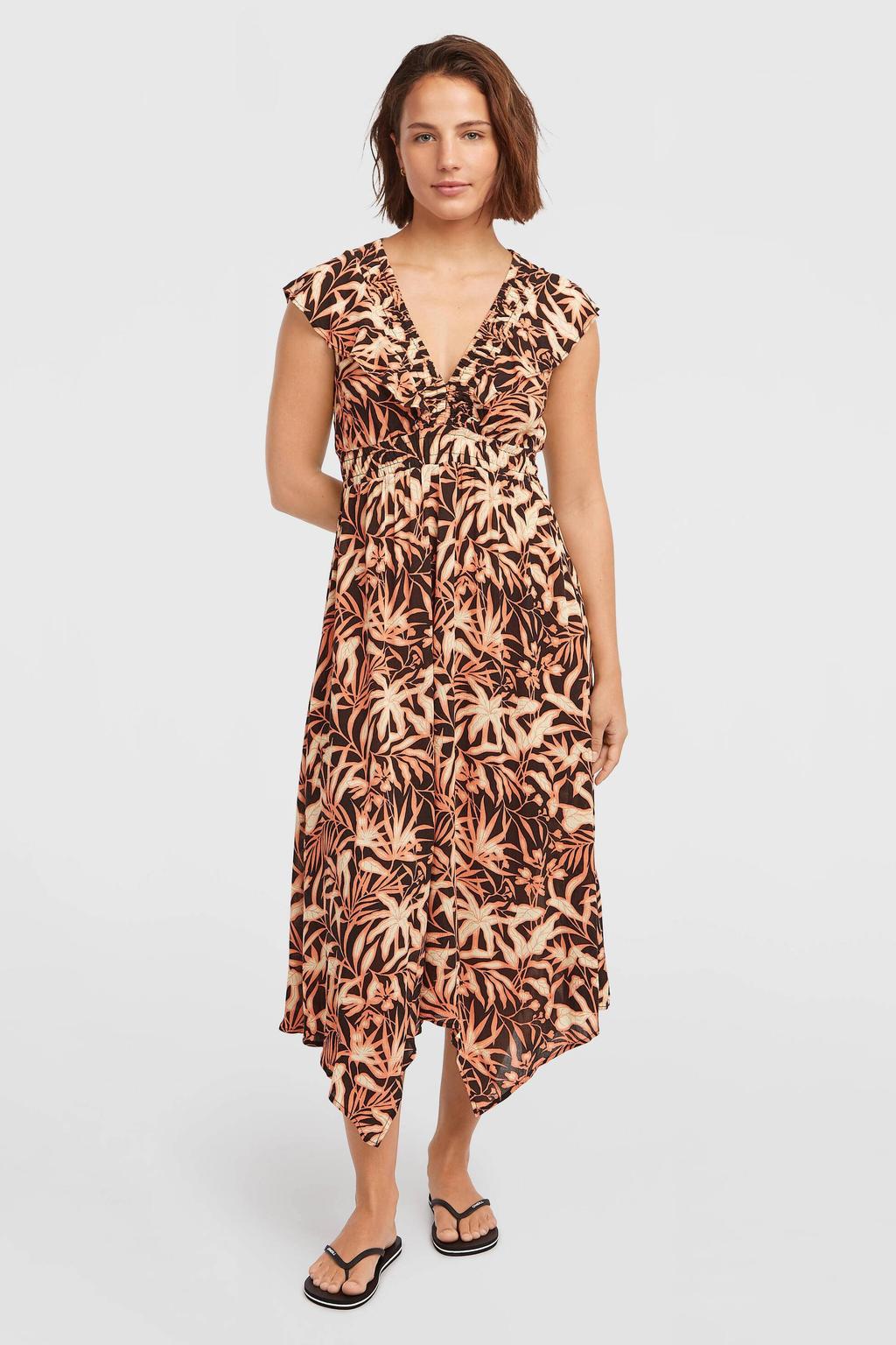 Multikleurige dames O'Neill gebloemde midi jurk van viscose met V-hals en plooien