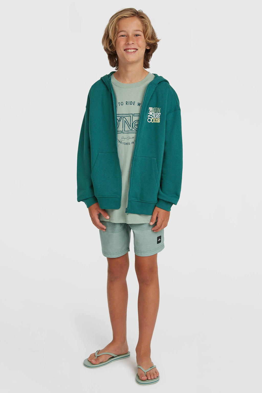 Donkergroene jongens O'Neill sweatvest met backprint, lange mouwen en capuchon