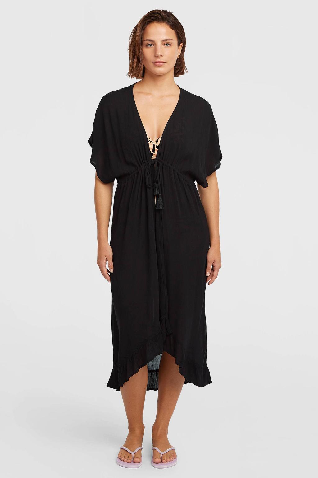 Zwarte dames O'Neill zomerjurk van viscose met effen, korte mouwen, V-hals, striksluiting en ruches