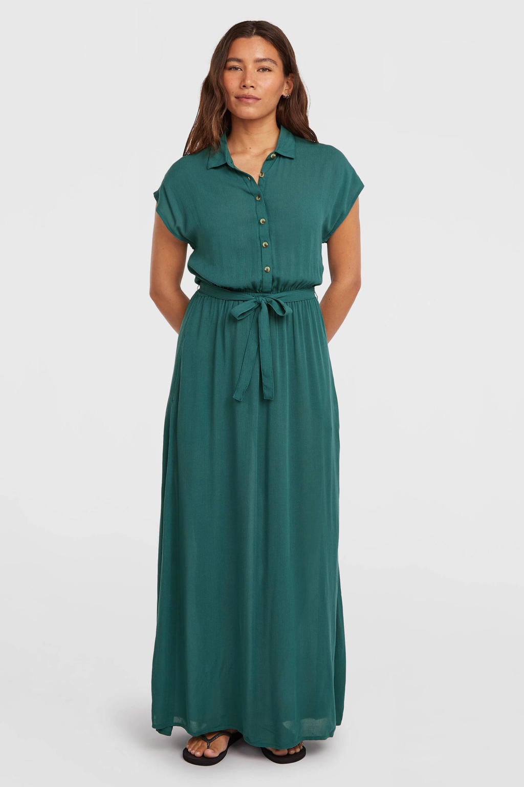 Petrolkleurige dames O'Neill blousejurk van viscose met effen, korte mouwen, klassieke kraag, striksluiting en riemlussen
