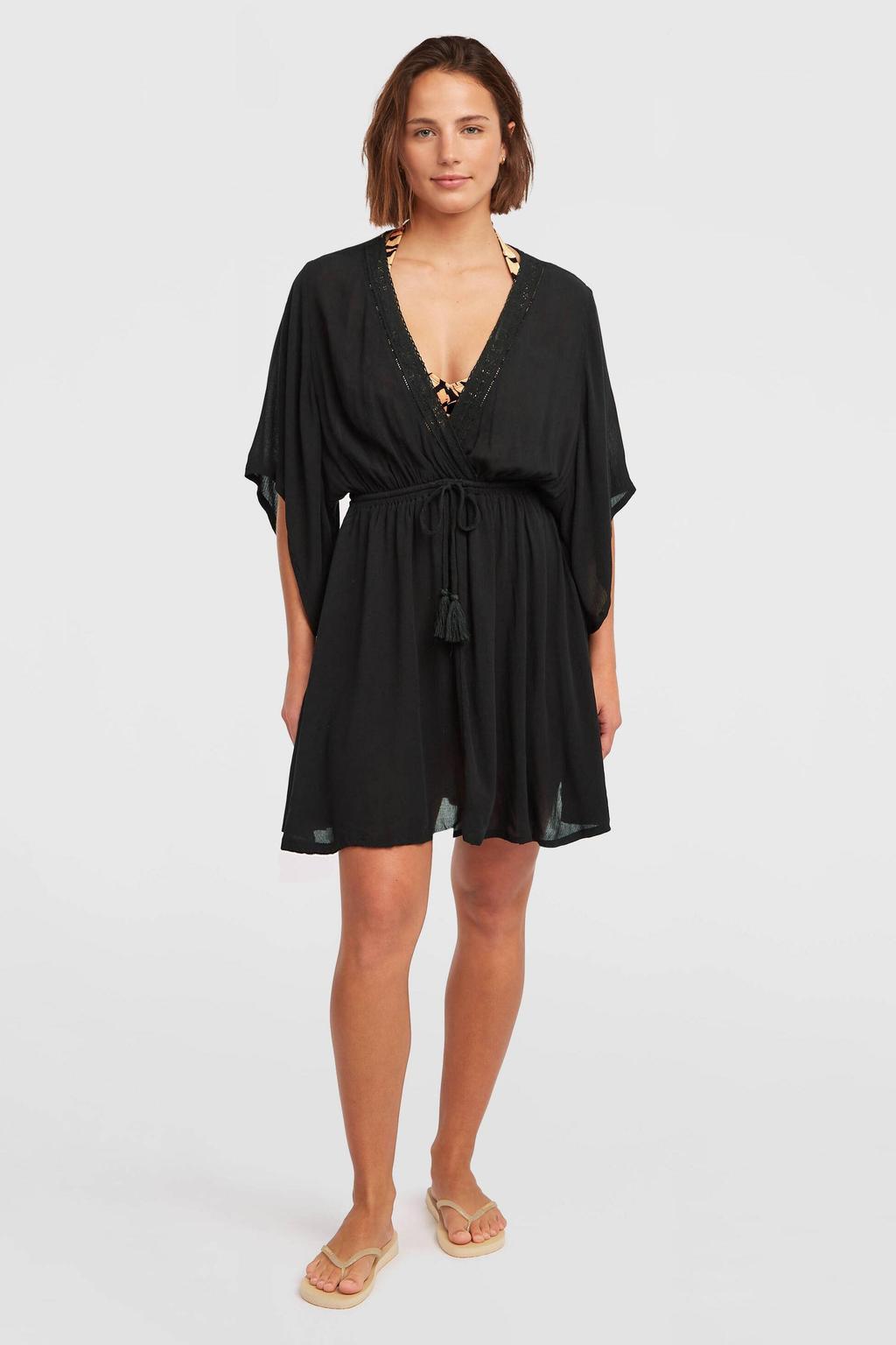 Zwarte dames O'Neill zomerjurk van viscose met effen, half lange mouwen, V-hals, elastische tailleband met koord en tunnelkoord