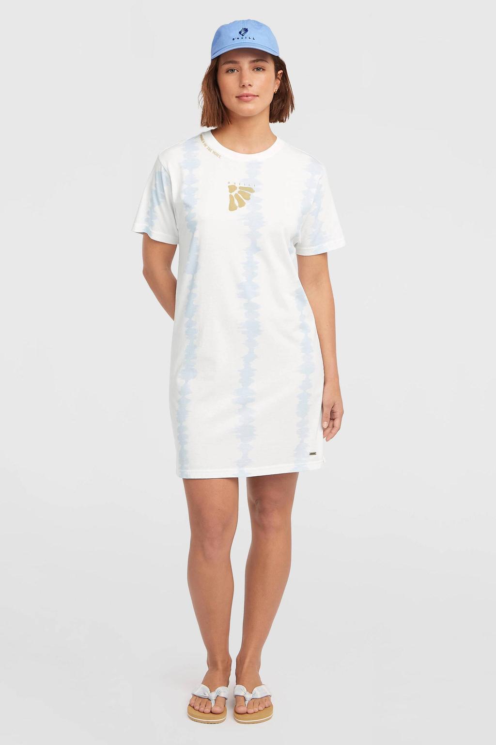 Witte dames O'Neill t-shirtjurk korte jurk van katoen met tie-dye effect, korte mouwen, ronde hals en split