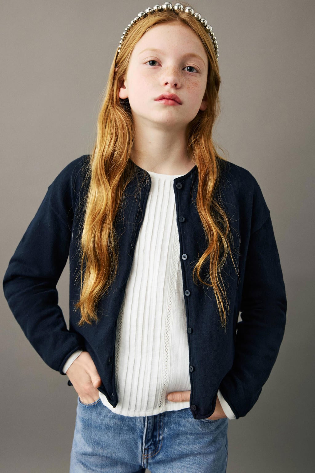 Donkerblauwe meisjes Mango Kids gebreid vest van katoen met effen, lange mouwen, ronde hals en knoopsluiting