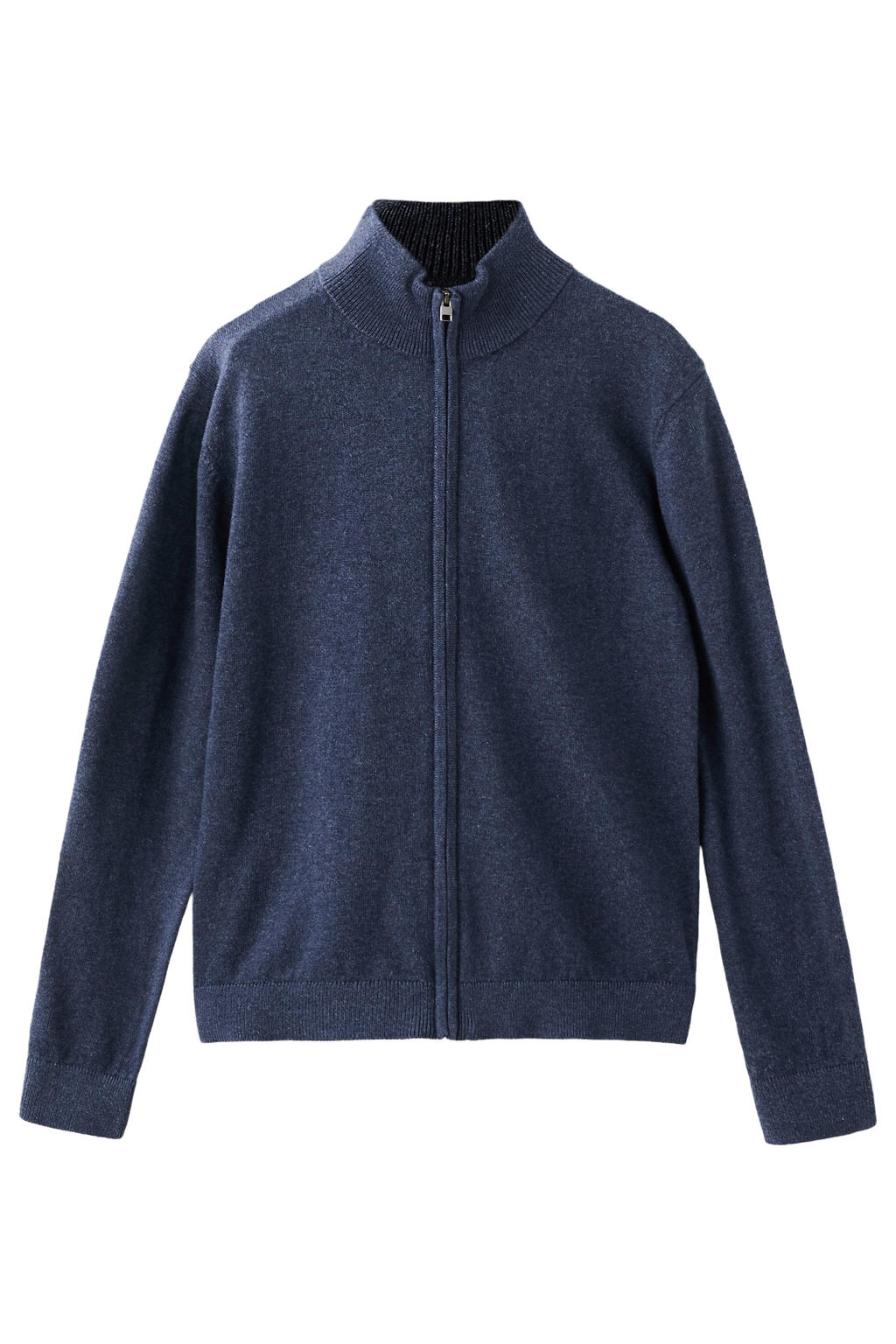 Marineblauw jongens Mango Kids vest blauw fijn gebreid van katoen met effen, lange mouwen, opstaande kraag en ritssluiting