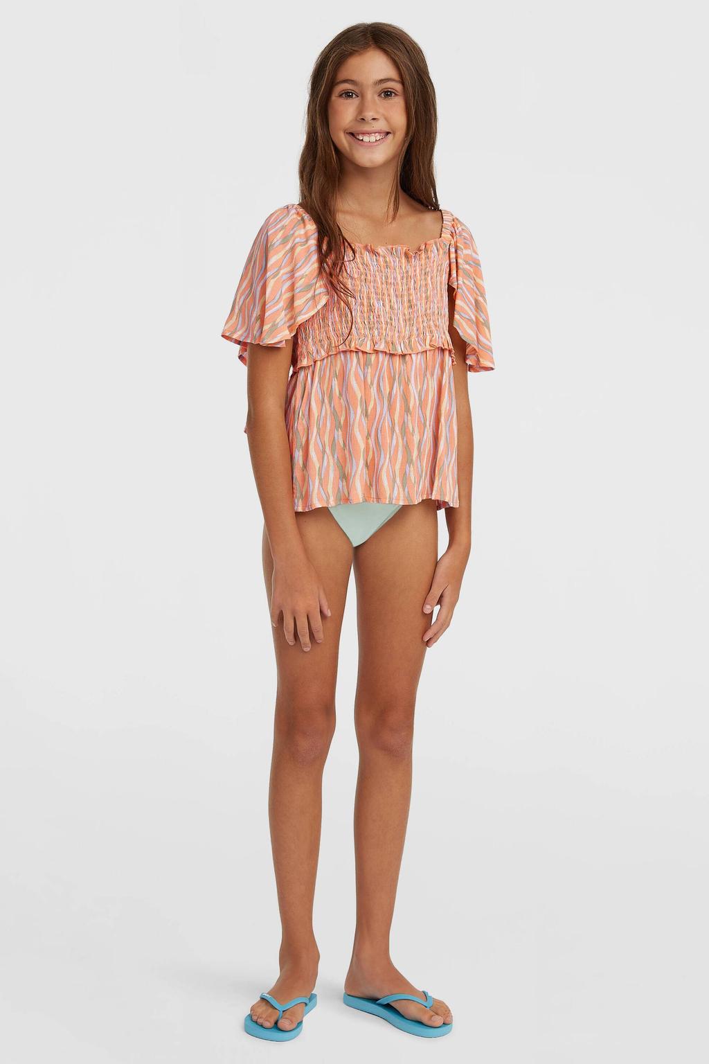 Oranje, groen en blauwe meisjes O'Neill blousetop van viscose met korte mouwen, vierkante hals en ruches