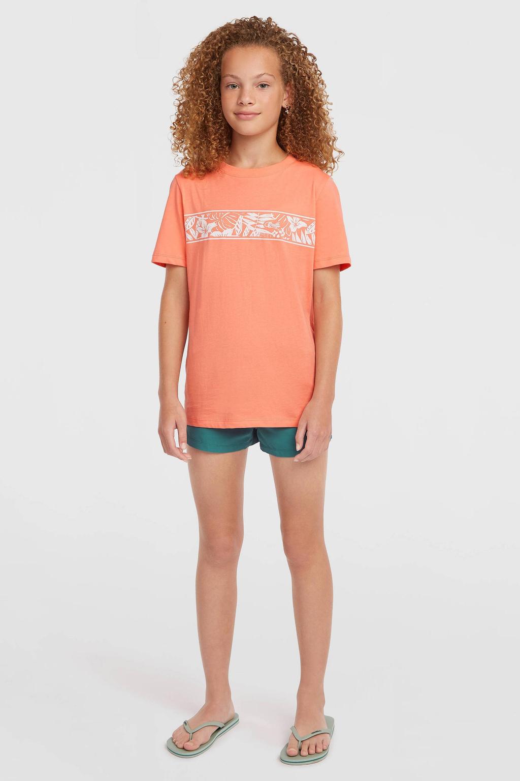 Oranje meisjes O'Neill T-shirt van katoen met printopdruk, korte mouwen en ronde hals