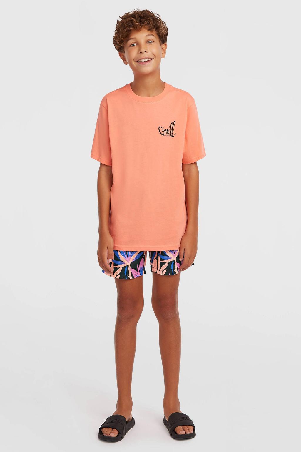 Oranje jongens O'Neill T-shirt van katoen met effen, korte mouwen en ronde hals