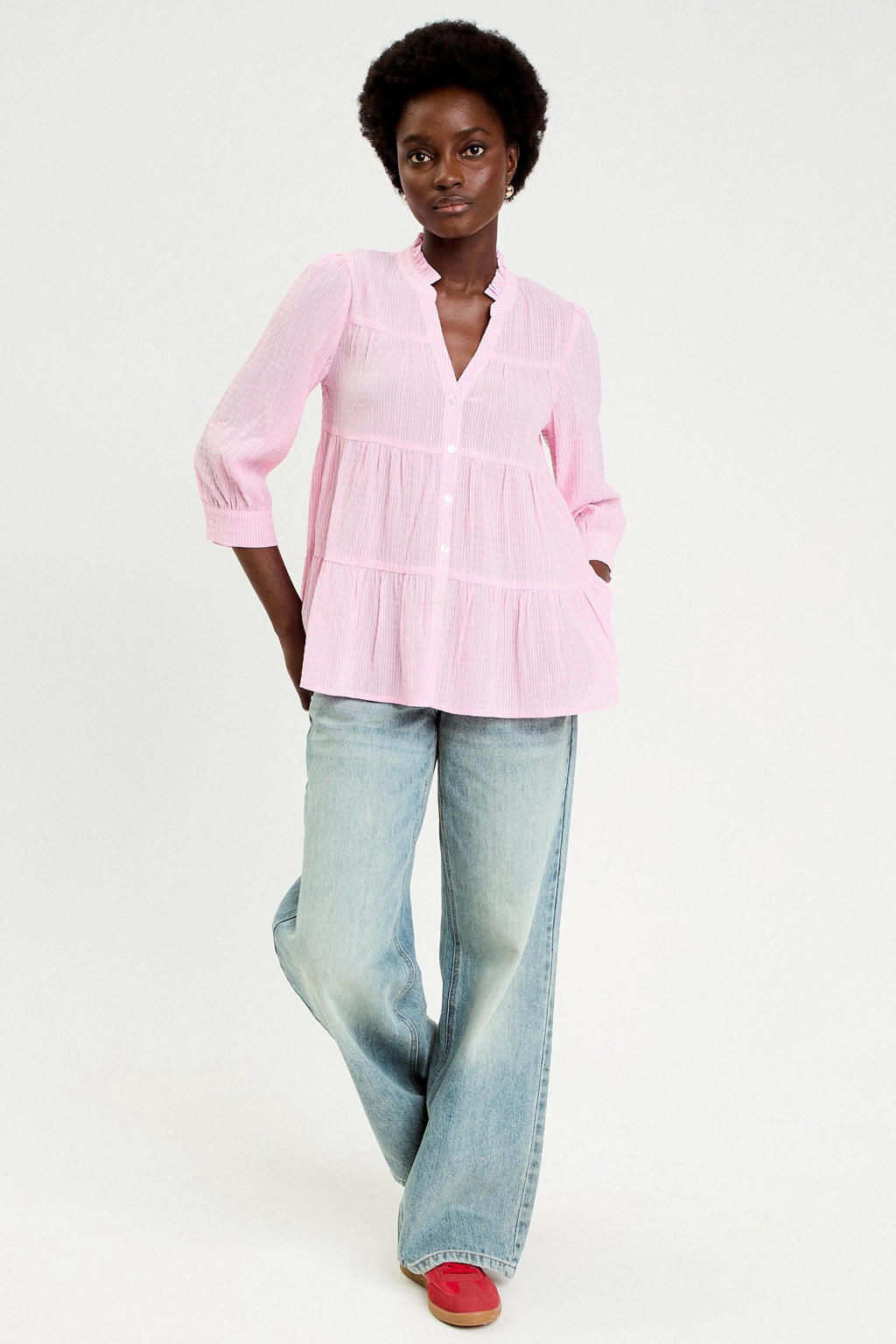 Lichtroze dames Cache Cache blouse van polyester met effen, half lange mouwen, V-hals en knoopsluiting