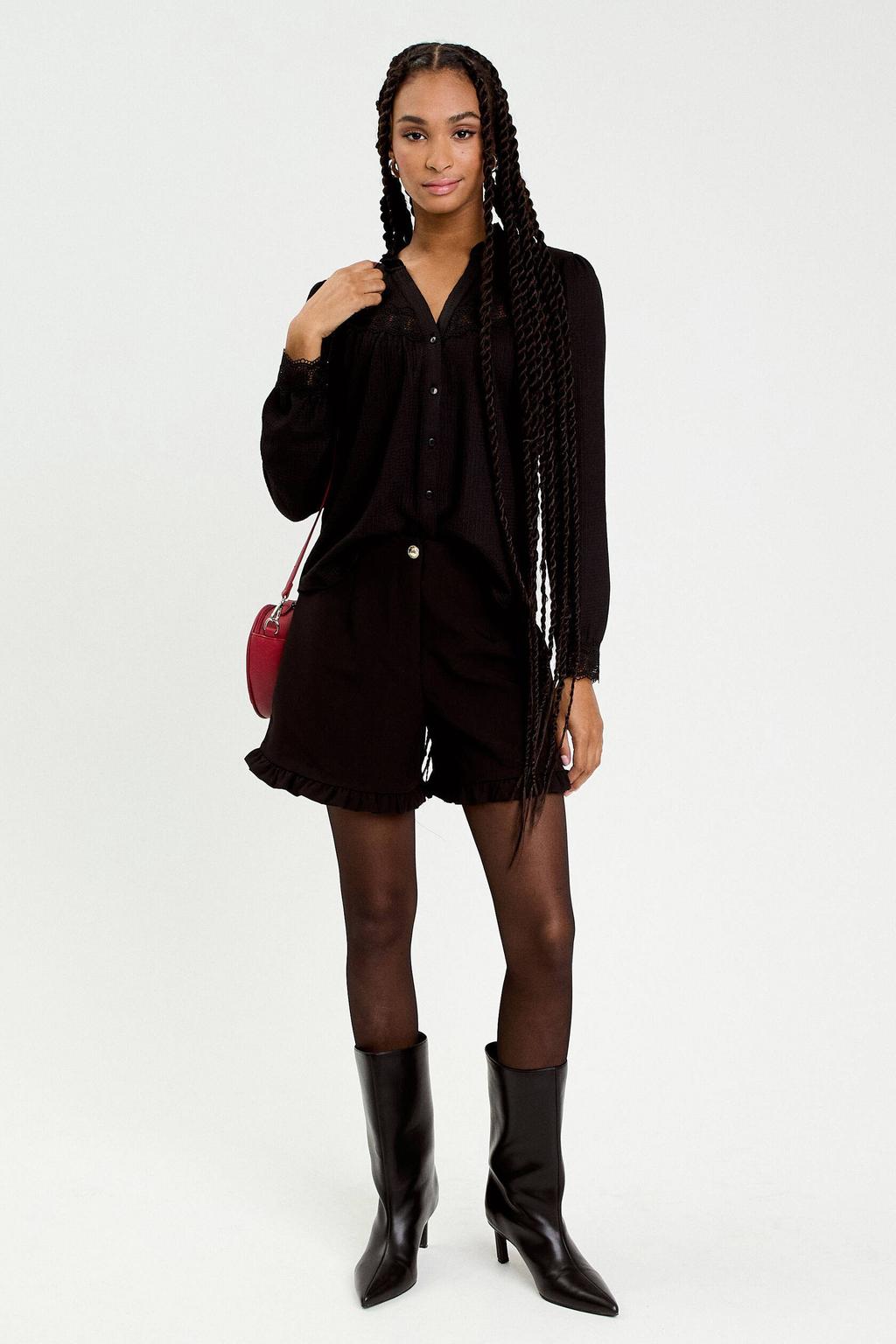Zwarte dames Cache Cache blouse van polyester met effen, lange mouwen, polo kraag, knoopsluiting en kant
