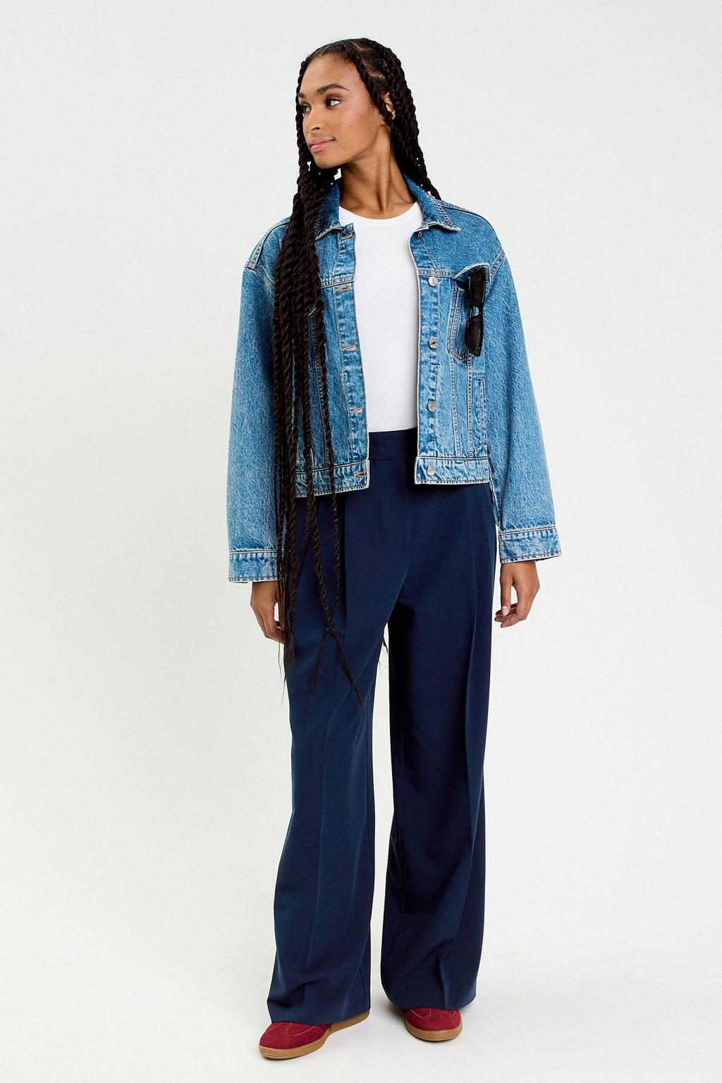 Marineblauw dames Cache Cache Wide leg high waist pantalon met rits- en knoopsluiting en effen