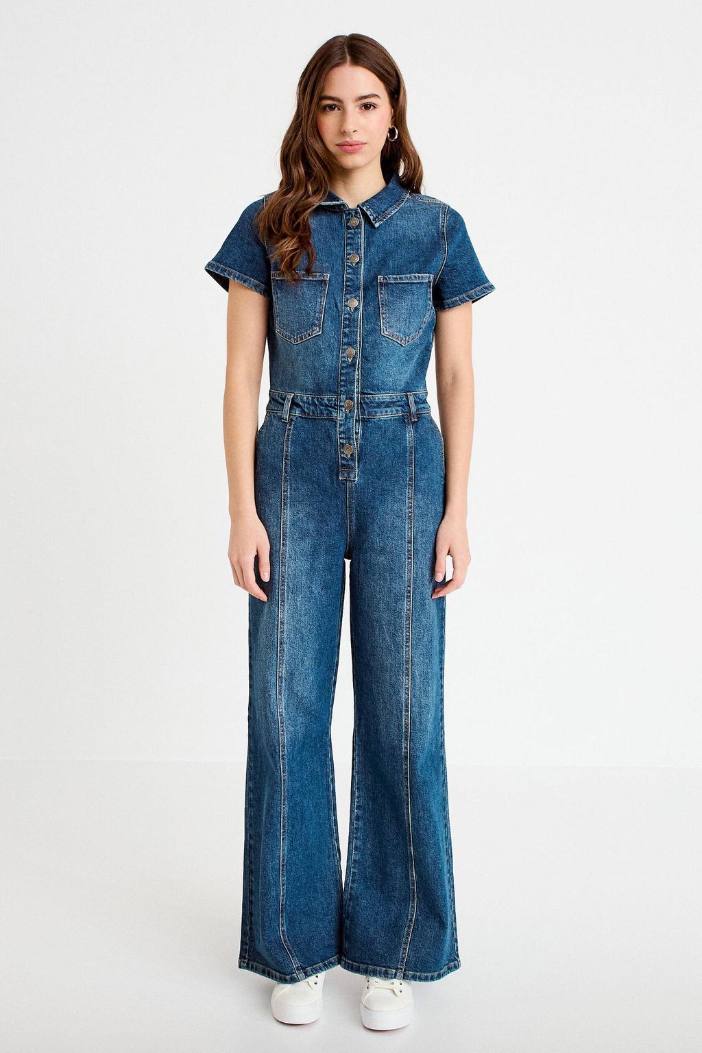 Dark blue denim dames Cache Cache jumpsuit dark blue van denim met effen, korte mouwen en klassieke kraag