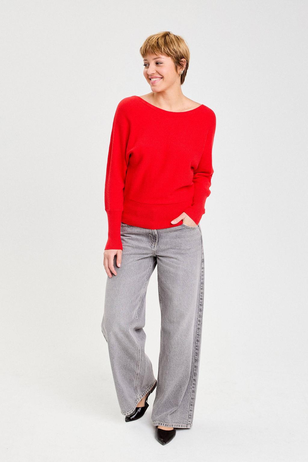 Rode dames Cache Cache gebreide trui van viscose met effen, lange mouwen, ronde hals en open rug