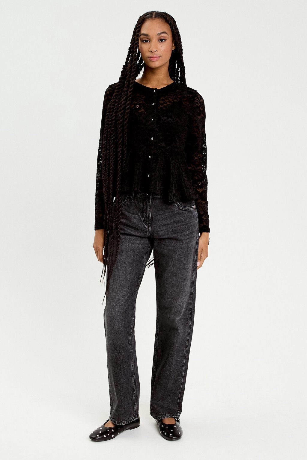 Black denim dames Cache Cache straight leg jeans van denim met rits- en knoopsluiting en effen