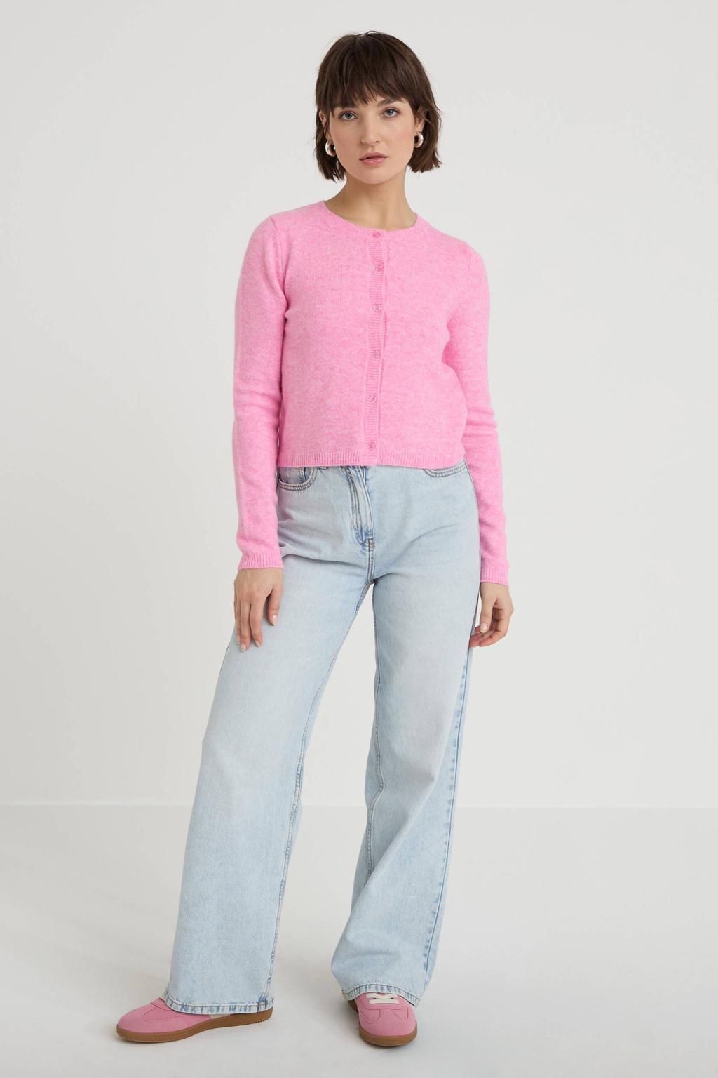 Roze dames Cache Cache vest gebreid van wol met effen, lange mouwen, ronde hals en knoopsluiting