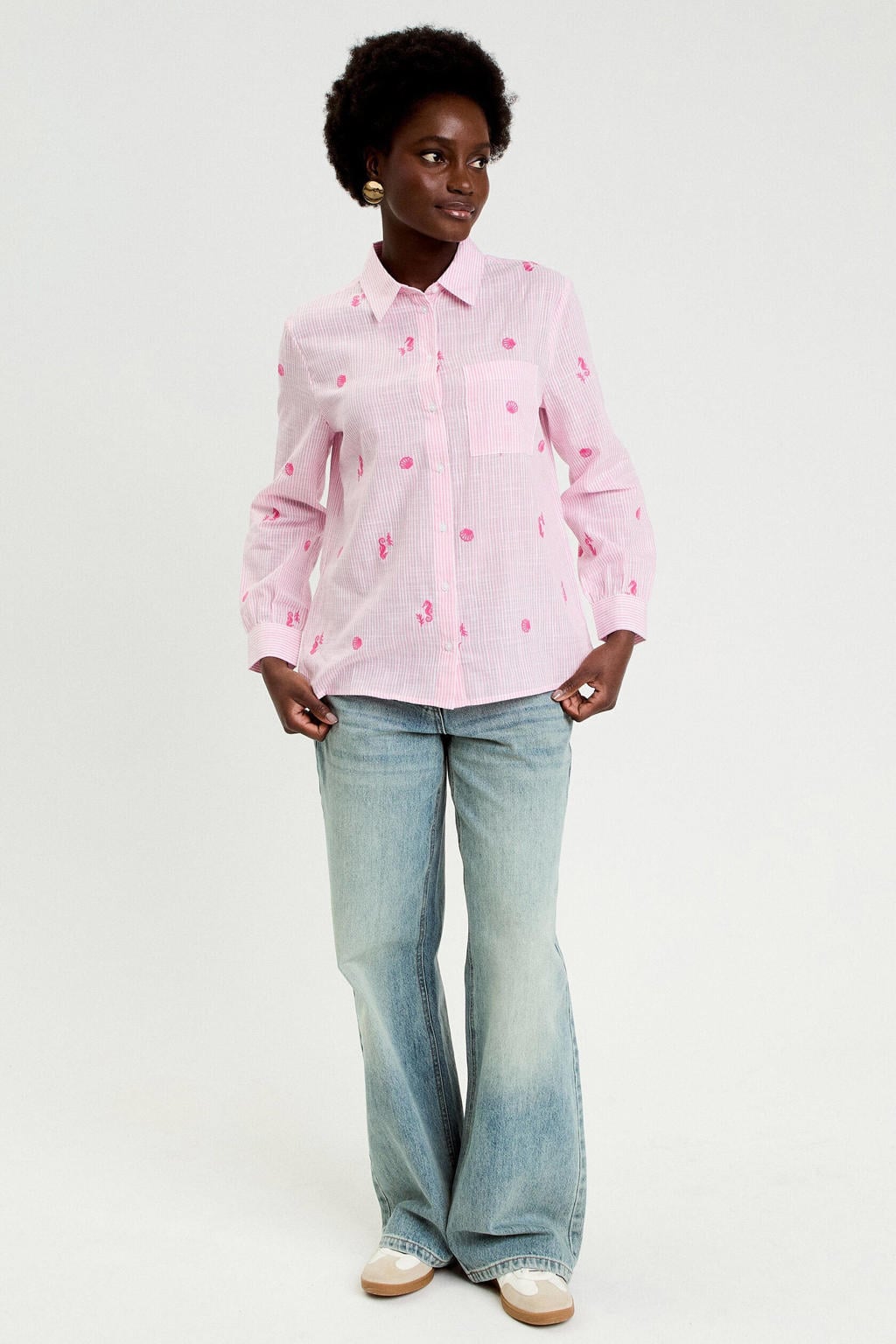 Roze dames Cache Cache gestreepte blouse van katoen met lange mouwen, polo kraag, knoopsluiting en borduursels